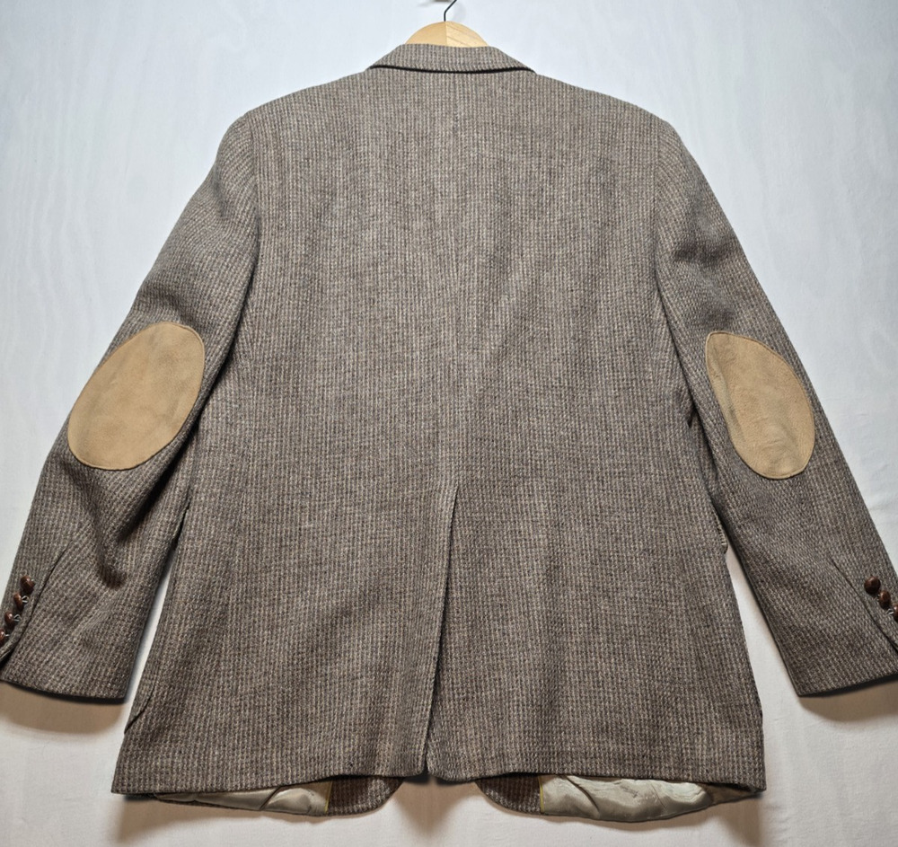 Vintage Tweed Wool Blazer Elbow Patches Leather Basketweave Buttons Made In USA
